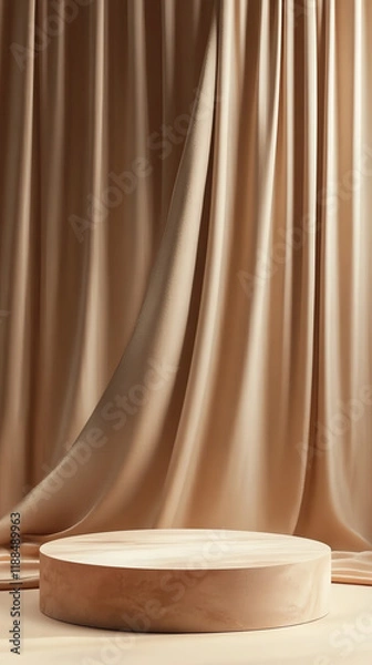 Obraz Mocha-Themed Round Podium with Elegant Curtain Backdrop
