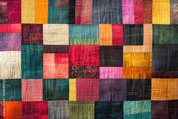 Fototapeta Colorful patchwork quilt forming a textured background with visible stitches
