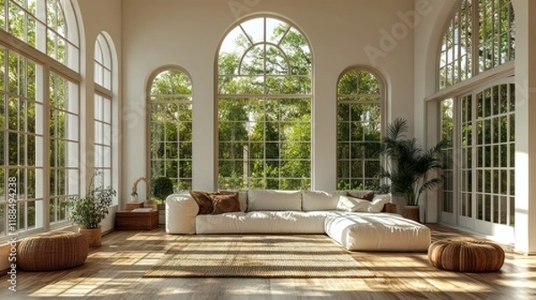 Obraz Sunlit Modern Living Room with Expansive Windows and Lush Greenery