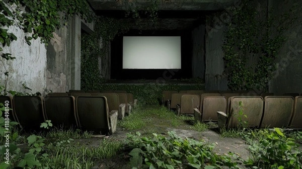Obraz An abandoned cinema overtaken by nature, showcasing empty seats and walls covered in greenery, with a blank screen in front.