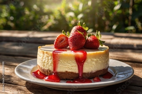 Fototapeta A luscious round cheesecake topped with strawberries, glowing under the sunlight on a rustic wooden table outdoors.