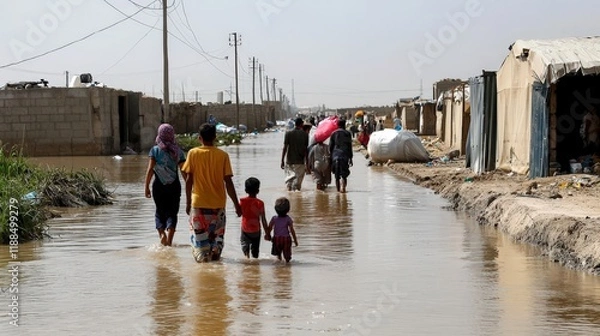 Fototapeta A group of people wades through floodwaters, navigating a flooded area with makeshift shelters in the background, highlighting the impact of natural disasters.
