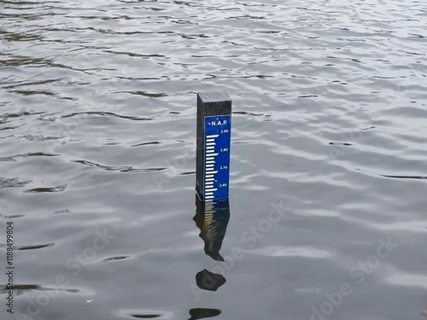 Fototapeta Tilt shot of NAP Normaal Amsterdams Peil (Normal Amsterdam Level) board in a lake in the Netherlands that indicates that the water is higher than the average sea level of the North Sea