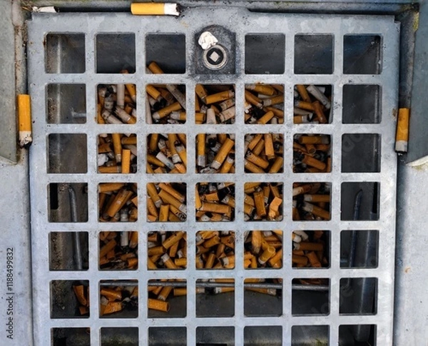 Fototapeta Burnt cigarette butts and rolling tobacco are thrown away in a drop pit container in the ground to prevent litter in nature and on the streets