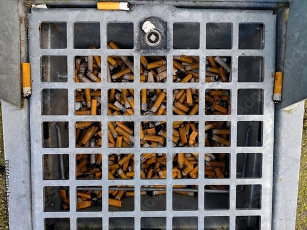 Fototapeta Burnt cigarette butts and rolling tobacco are thrown away in a drop pit container in the ground to prevent litter in nature and on the streets