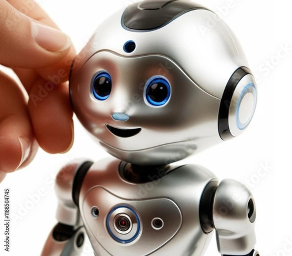 Fototapeta A close-up of a smiling humanoid robot with metallic silver features and blue accents, being gently touched by a human hand, symbolizing technology and human interaction.