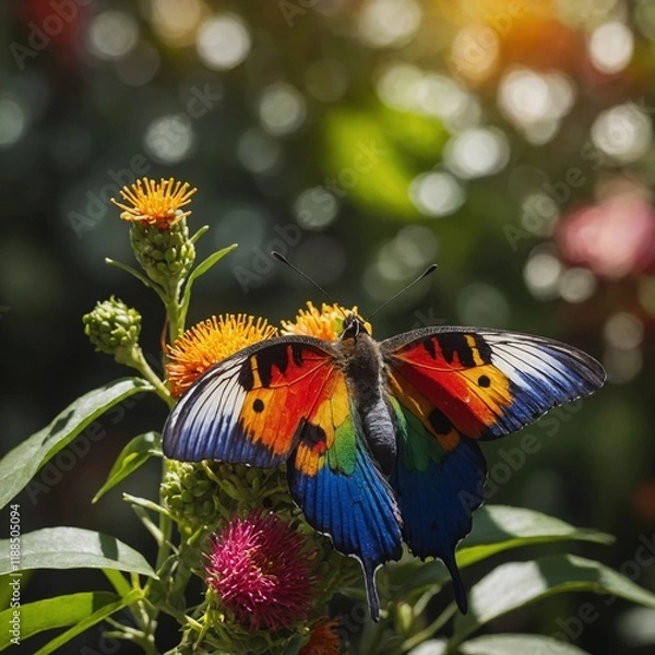 Fototapeta A butterfly resting on a rainbow lorikeet in the sunlight.

