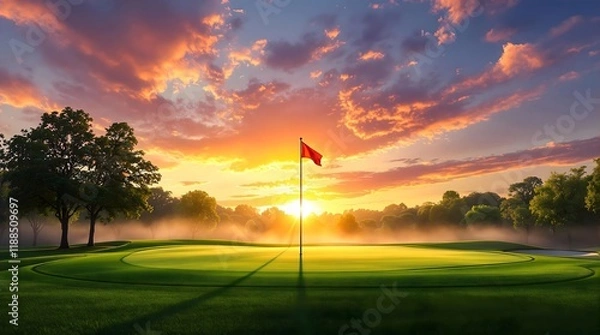 Obraz Sunrise on a golf course green with flag, scenic tranquility