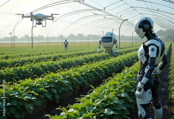 Obraz Robots and drones in a greenhouse farm, technology in agriculture