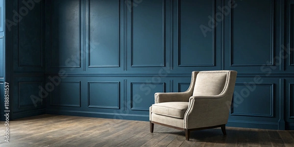 Fototapeta Cozy Armchair Against a Dark Blue Wall Creating a Relaxing Space