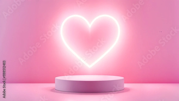 Fototapeta Set of 3D podium valentine day background with pink, red, white cylinder pedestal. Glow neon heart shape backdrop. Vector geometric platform. Mockup product display. Minimal wall scene. Stage showcase