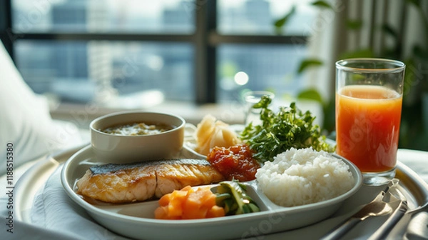 Fototapeta Healthy breakfast tray with salmon, rice, vegetables, and juice served by the window