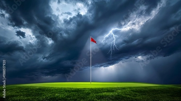 Obraz Golf course with flag under dramatic storm and lightning