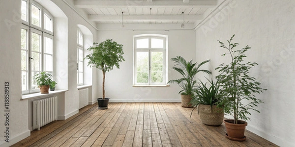 Fototapeta A Bright and Airy Sparsely Furnished White Room with a Wooden Floor