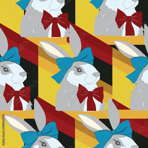 Obraz A fat gray rabbit tied with a dark blue bow. colorful geometric graphic background completely black background. Vector seamless pattern.