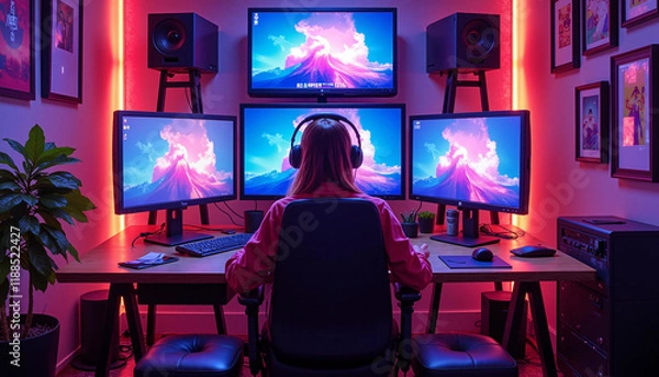 Fototapeta A young woman gaming at a multi-monitor setup in a vibrant, illuminated room