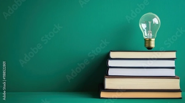 Fototapeta Educational insight glowing lightbulb over textbooks modern classroom learning environment inspirational concept