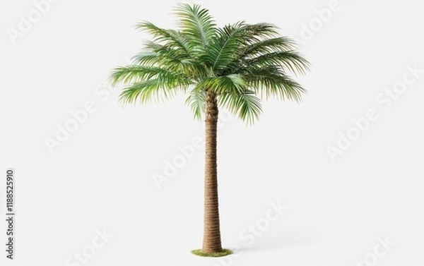 Fototapeta A tropical coconut palm tree with its tall, slender trunk and clustered fronds on a clean white backdrop