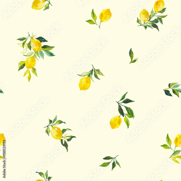 Obraz Beautiful vector seamless pattern with watercolor fresh lemons with leaves and flowers in sunny Mediterranean style. Ready summer print design for wallpapers, wrappings, textile.