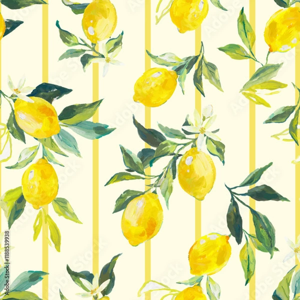 Obraz Beautiful vector seamless pattern with watercolor fresh lemons with leaves and flowers in sunny Mediterranean style. Ready summer print design for wallpapers, wrappings, textile.
