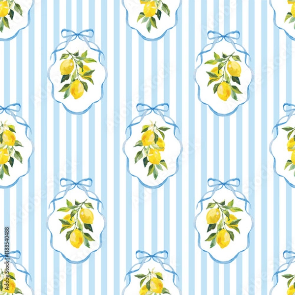 Obraz Beautiful vector seamless checkered pattern with bows and lemons. Composition with vintage bows and handmade ribbons. Blue ribbon on a light blue striped background.