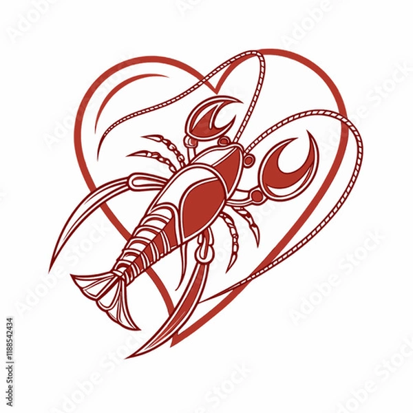 Fototapeta A red lobster shaped like a heart, with a love symbol, perfect for a unique Valentine's Day celebration.