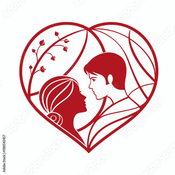 Fototapeta A red heart outline with a couple standing beneath it, framed by elegant design elements.