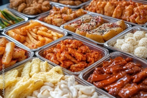 Obraz Korean snacks fried chicken various rice cakes potato fish cake cheese stick and cup rice