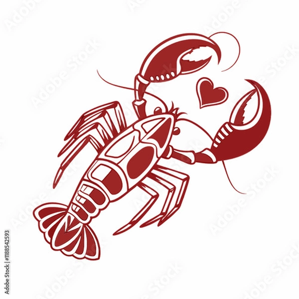Fototapeta A love symbol placed inside a red lobster heart, adding a fun twist to traditional Valentine's Day themes.