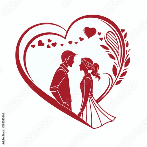 Fototapeta A romantic scene with a red heart outline, showing a couple, enhanced with decorative touches.