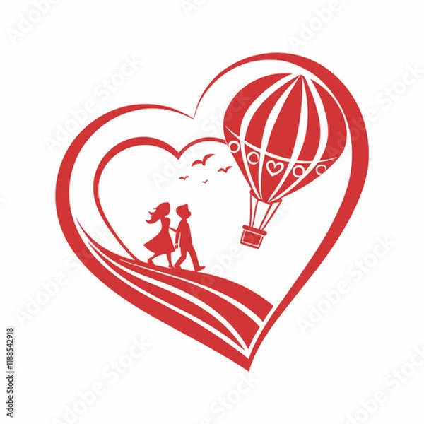 Fototapeta A sweet Valentine's Day scene with a heart balloon and a couple, adorned with decorative designs.