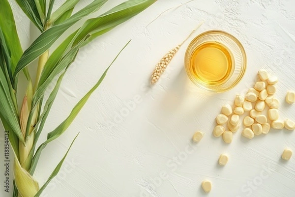 Obraz Maize cob kernels silk and stigma for herbal tea Summer vegan treat Nutritious Blank space Horizontal layout
