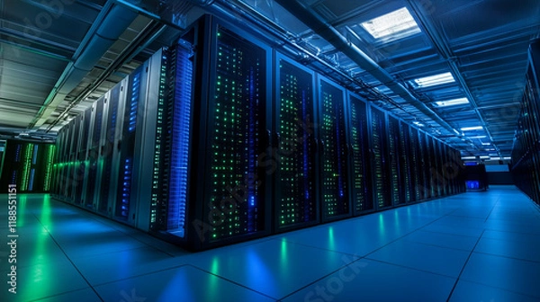 Obraz A futuristic server room filled with advanced data servers under a mesmerizing green and blue light, illustrating a high-tech, digitally driven environment.