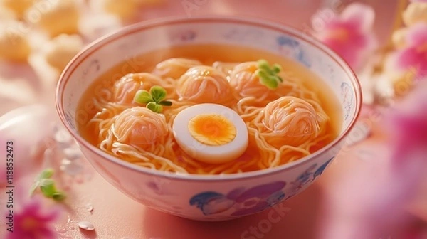 Fototapeta Delicious soup with colorful rolls and egg