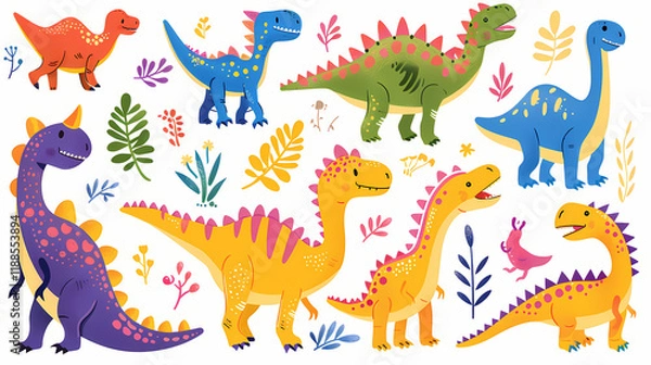 Fototapeta Colorful illustrations of cartoon dinosaurs surrounded by tropical plants in a playful design. Generative AI