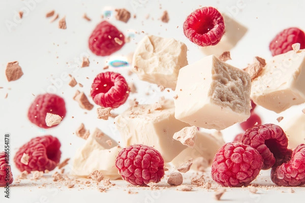 Fototapeta Dynamic close-up of white chocolate and raspberries mid-air with crumbs, showcasing a playful and delicious dessert concept