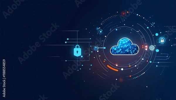 Fototapeta Cloud Computing Technology Concept – Database Transfer to Cloud with Prominent Cloud Icon and Abstract World Design,futuristic cloud computing, cloud storage technology, abstract technology background