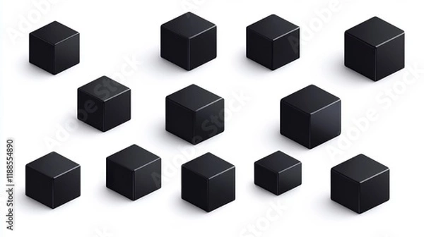 Obraz Black cube collection featuring a set of dark, geometric 3D cubes isolated from the background. Realistic elements depicted in a vector illustration style.