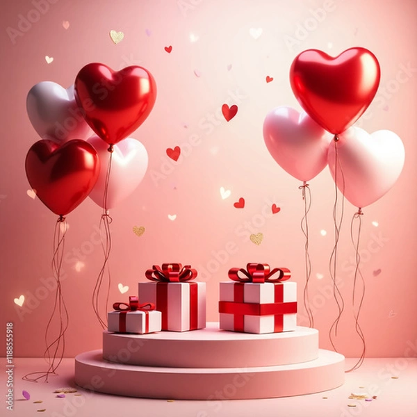 Fototapeta Valentine's day background - group of red heart shaped foil balloons and three gift boxes