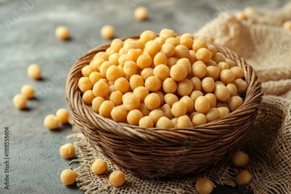 Fototapeta Chickpeas filling a wicker bowl resting on a burlap sack on a dark background, healthy food concept