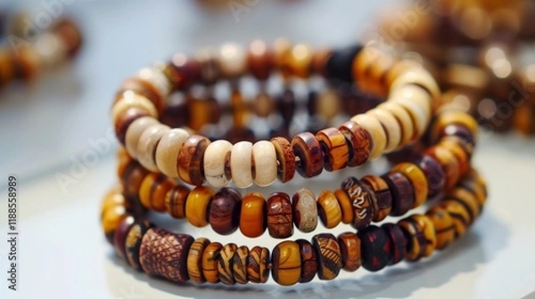 Fototapeta A close-up of a traditional tribal bracelet made of natural beads, displayed on a white surface.