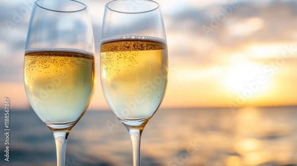 Fototapeta Two glasses of champagne on a table with a sunset in the background