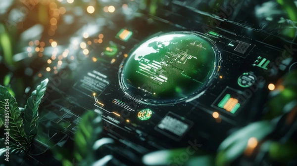 Fototapeta Ai-generated visual of a glowing green planet surrounded by sdg and net enhancedsr in nature's embrace