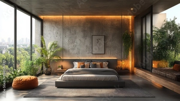Fototapeta Modern bedroom with a serene atmosphere and natural elements, featuring large windows and urban views.