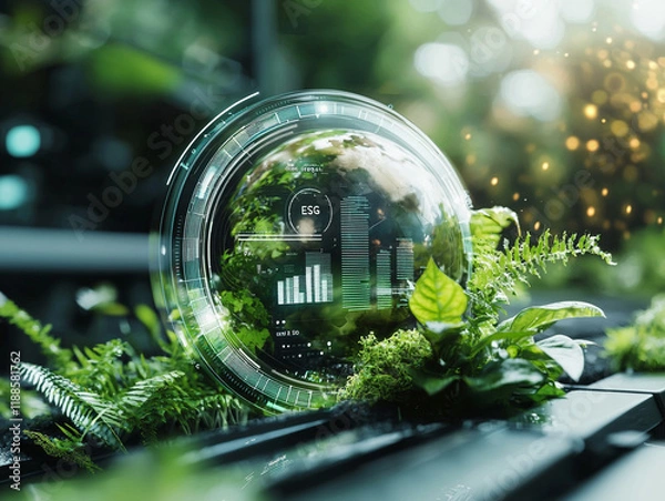 Fototapeta Ai generated visual of a green planet with esg symbols and charts in nature's embrace for sustainable future