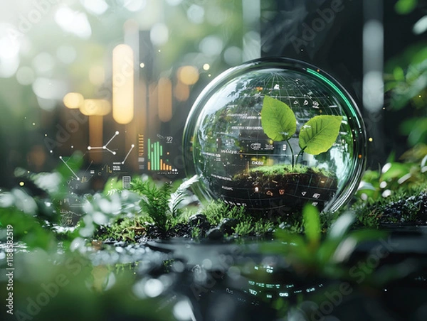 Fototapeta Ai generates insights on a green planet with esg symbols and charts in nature's embrace