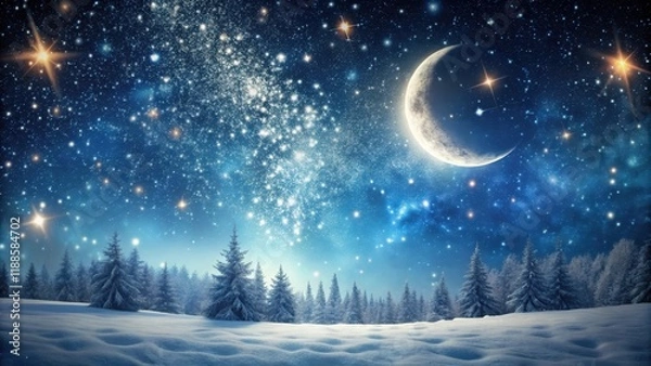 Fototapeta Softly falls snow from dark night sky with twinkling stars and a crescent moon, starry night sky, winter wonderland