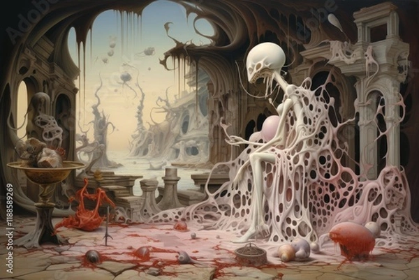 Fototapeta A skeletal figure sits in a decaying environment filled with strange organic shapes and vivid colors. The setting evokes a sense of eerie beauty, blending horror and artistry during twilight.