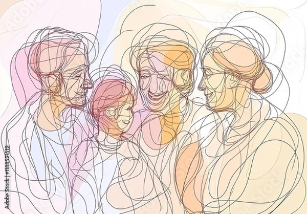 Obraz Continuous one line drawing. Happy family father and mother
