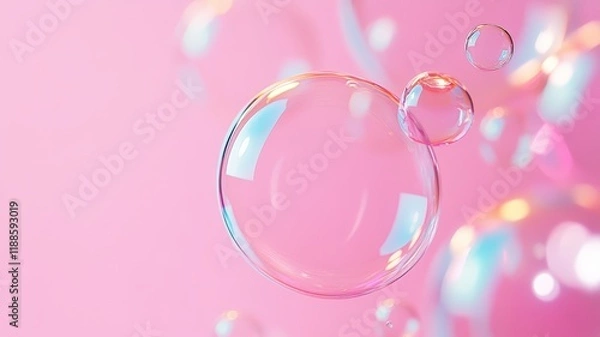 Fototapeta colorful soap bubbles floating against pastel gradient background, design children entertainment